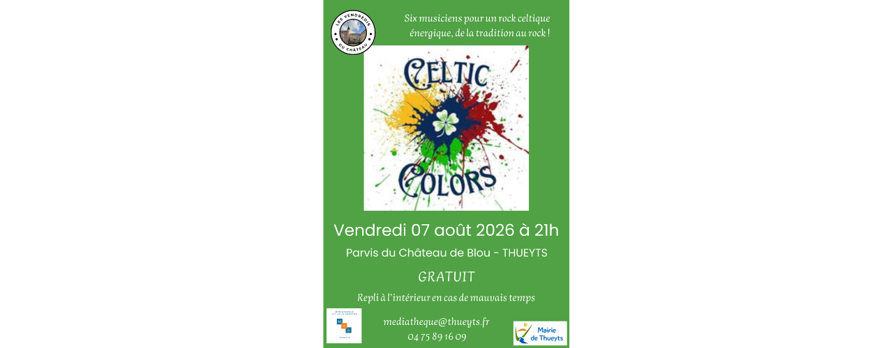 affiche sur fond vert avec une illustration de tâches de couleur et le titre Celtic Legends