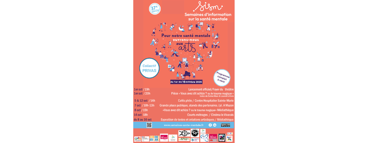 Affiche sur fond orange présentant des personnages formant une ronde en forme de coeur avec le logo des sism et des éléments rappelant le programme disponible en pièce jointe dans la publication