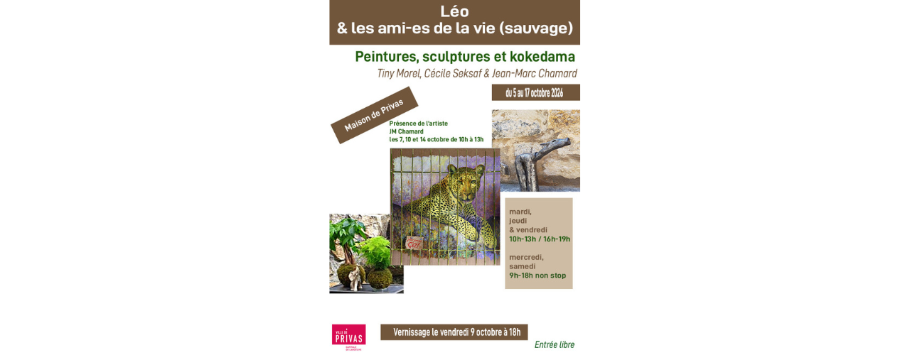affiche sur fond blanc et beige avec des portraits de léopard et sculptures animalières