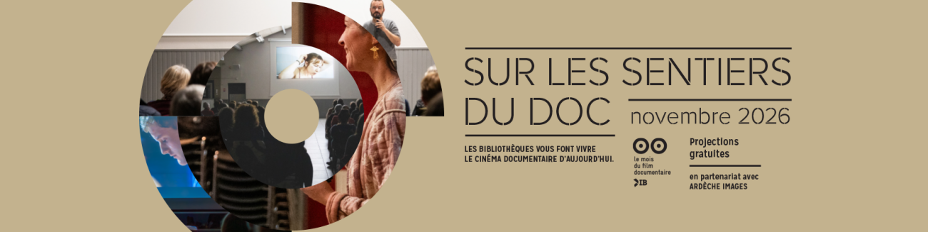 bandeau sur fond beige avec la mention Sur les sentiers du docs et des photos morcelées de personnes en forme de spirale