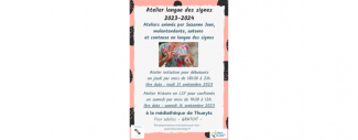 affiche atelier langue des signes française par Suzanne Joux à la médiathèque de Thueyts