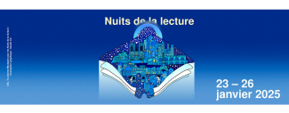 logo des nuits de la lecture sur fond bleu avec une raie manta portant une ville sur son dos