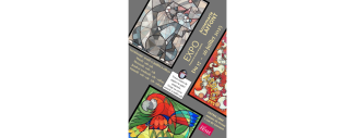 Affiche grise et rouge représentant des illustrations de chat et de perroquet façon vitrail