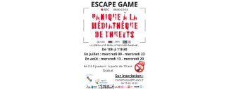 affiche en noir et blanc avec le titre Panique à la médiathèque de Thueyts
