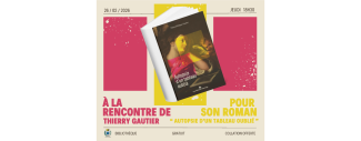 affiche sur fond rose et jaune avec couverture d'un livre représentant le personnage d'un tableau