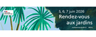 Bannière sur fond vert avec palmiers et la mention Rendez-vous aux jardins