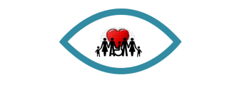 logo d'un oeil avec des pictogrammes représentant une famille en noir et blanc au centre
