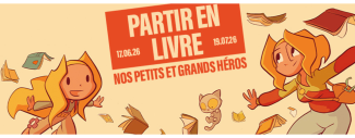 affiche sur fond jaune et orange présentant deux personnages de bd et les dates de la manifestation