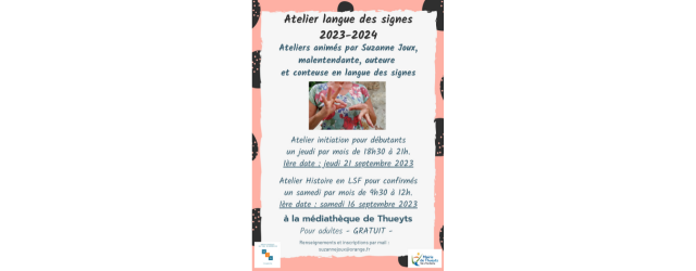 affiche atelier langue des signes française par Suzanne Joux à la médiathèque de Thueyts