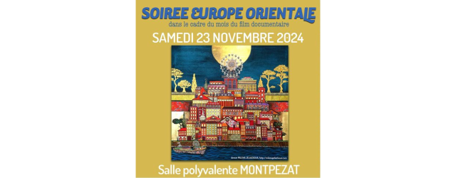 affiche sur fond jaune représentant l'illustration d'une ville rouge au clair de lune