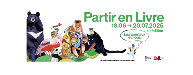 affiche sur fond blanc avec titre vert et une bande d'animaux illustrés regardant le lecteur
