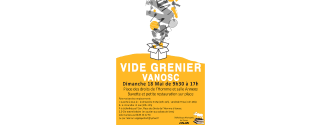 affiche sur fond jaune et blanc avec un carton ouvert distribuant des objets