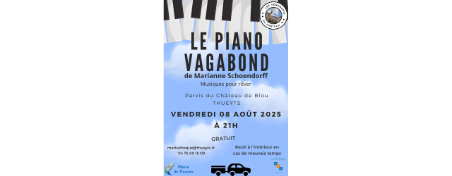 affiche sur fond bleu représentant un piano et des éléments d'information