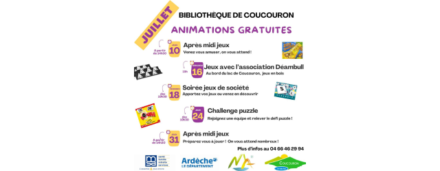 affiche sur fond blanc avec illustrations représentant les jeux et horaires des séances