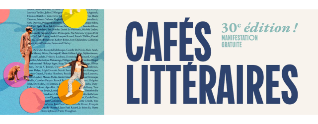 bannière bleue, rose, jaune et blanche avec des personnes lisant et la mention Cafés littéraires