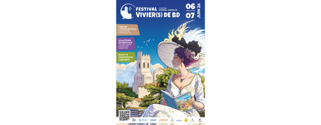 Affiche sur fond bleu avec personnage féminin habillé avec une robe belle-époque