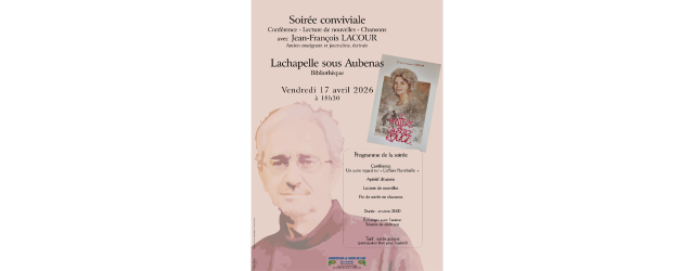 Affiche sur fond beige représentant une photo de l'auteur invité et la couverture de son livre