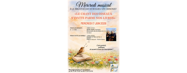 affiche illustrée représentant un oiseau chantant sur fond rose, jaune et bleu