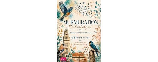 affiche sur fond beige représentant deux oiseaux bleus et une église et les informations de l'annonce