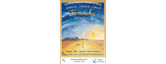 illustration bleue et jaune représentant un coucher de soleil avec les informations relatives au spectacle