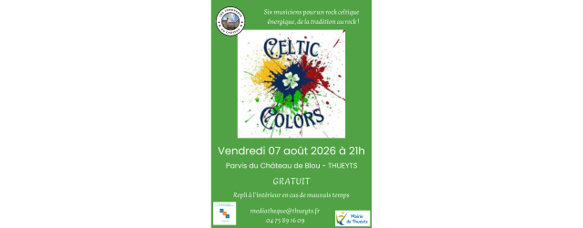 affiche sur fond vert avec une illustration de tâches de couleur et le titre Celtic Legends