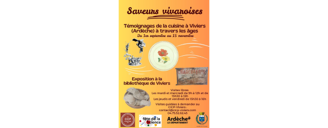 affiche sur fond orange avec divers objets liés à la cuisine et les informations fournies dans la publication