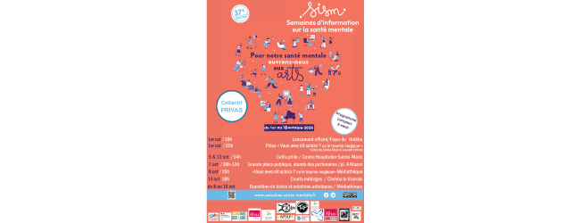 Affiche sur fond orange présentant des personnages formant une ronde en forme de coeur avec le logo des sism et des éléments rappelant le programme disponible en pièce jointe dans la publication