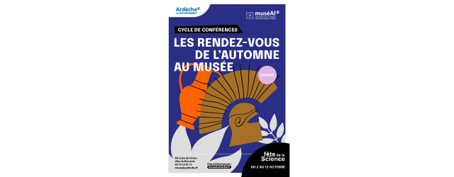affiche sur fond bleu avec illustrations de fleur, d'amphore, de casque romain
