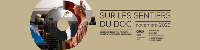 bandeau sur fond beige avec la mention Sur les sentiers du docs et des photos morcelées de personnes en forme de spirale